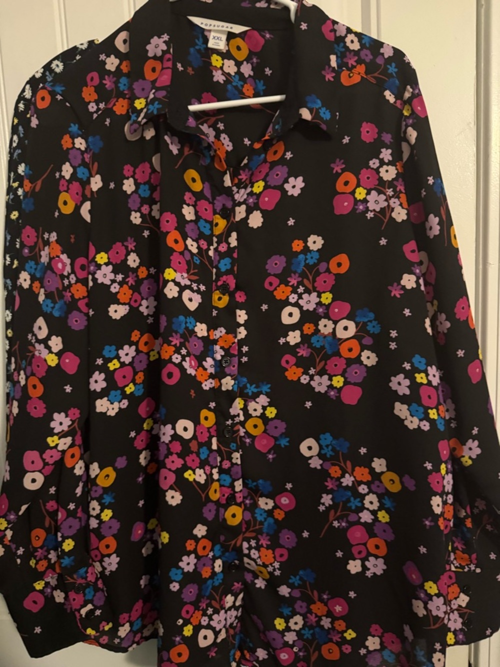 POPSUGAR Black Floral Button-Down Top with Multicolor Blooms  xxl office career
